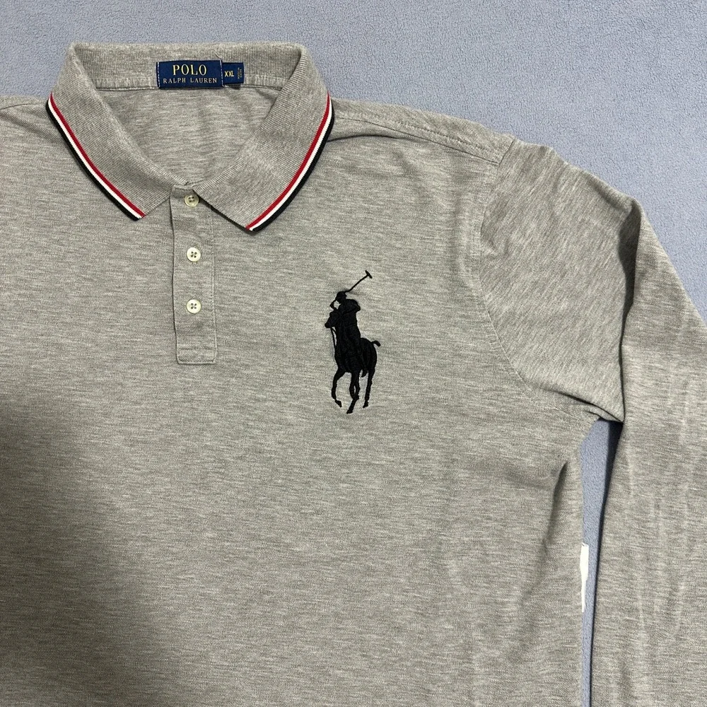 Polo Ralph Lauren Big Pony Polo Shirt Tipped Collar Long Sleeve Gray Mens XXL